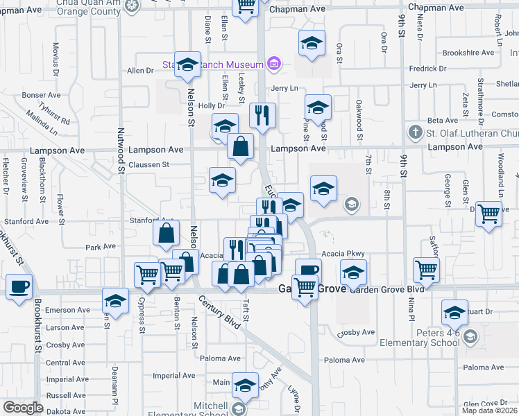 map of restaurants, bars, coffee shops, grocery stores, and more near 10940 Barcelona Court in Garden Grove