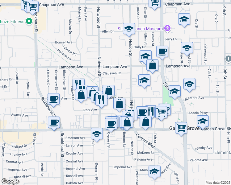 map of restaurants, bars, coffee shops, grocery stores, and more near 10611 Lakeside Drive South in Garden Grove