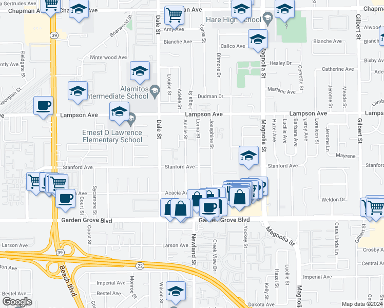 map of restaurants, bars, coffee shops, grocery stores, and more near 12671 Lorna Street in Garden Grove