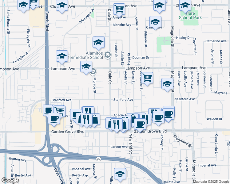 map of restaurants, bars, coffee shops, grocery stores, and more near 12676 Dale Street in Garden Grove
