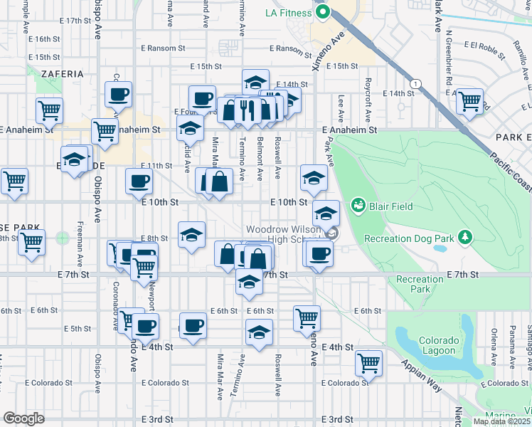 map of restaurants, bars, coffee shops, grocery stores, and more near 920 Belmont Avenue in Long Beach