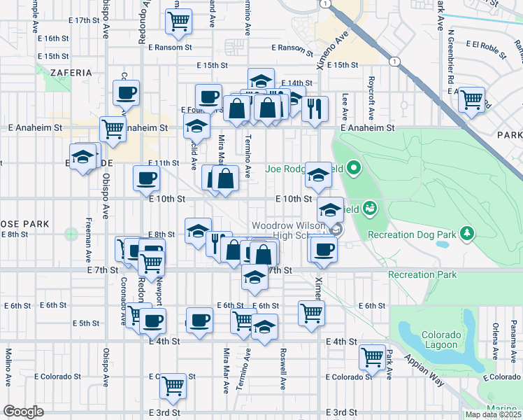 map of restaurants, bars, coffee shops, grocery stores, and more near 920 Belmont Avenue in Long Beach