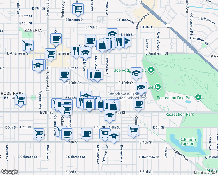 map of restaurants, bars, coffee shops, grocery stores, and more near 917 Termino Avenue in Long Beach