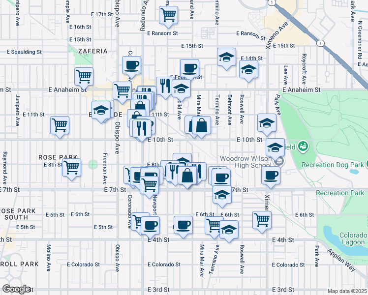map of restaurants, bars, coffee shops, grocery stores, and more near 924 Euclid Avenue in Long Beach