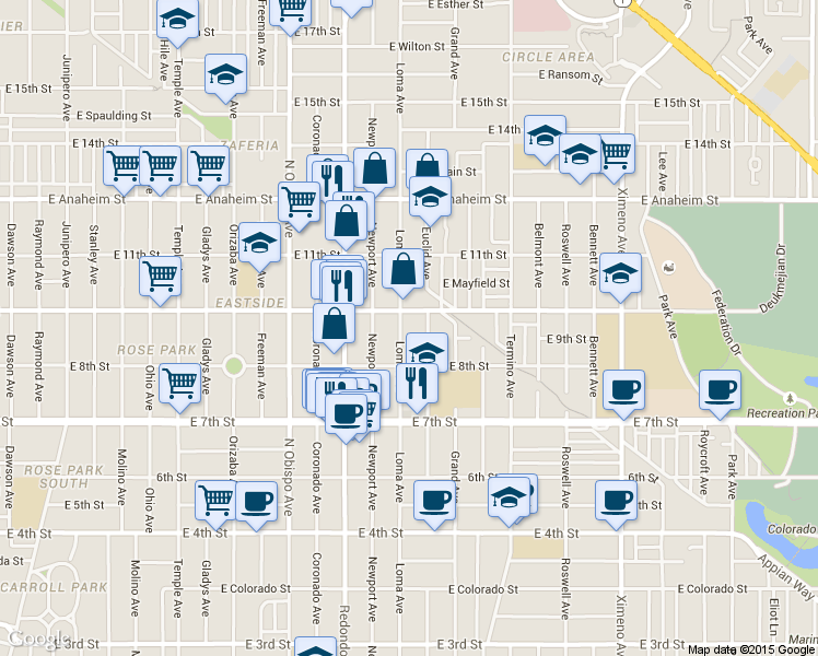 map of restaurants, bars, coffee shops, grocery stores, and more near 925 Loma Avenue in Long Beach
