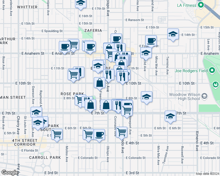 map of restaurants, bars, coffee shops, grocery stores, and more near 915 Obispo Avenue in Long Beach
