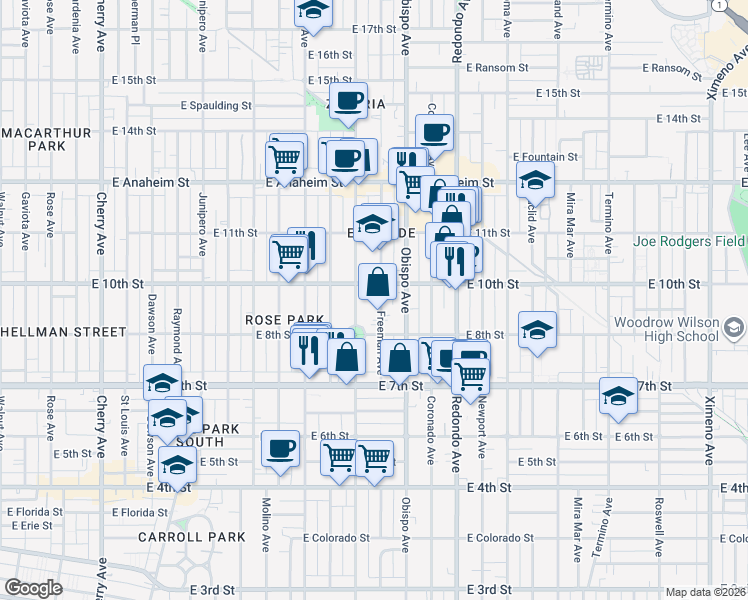 map of restaurants, bars, coffee shops, grocery stores, and more near 920 Orizaba Avenue in Long Beach