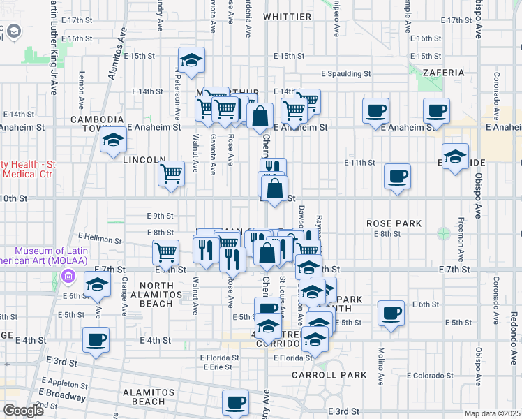 map of restaurants, bars, coffee shops, grocery stores, and more near 924 Gardenia Avenue in Long Beach