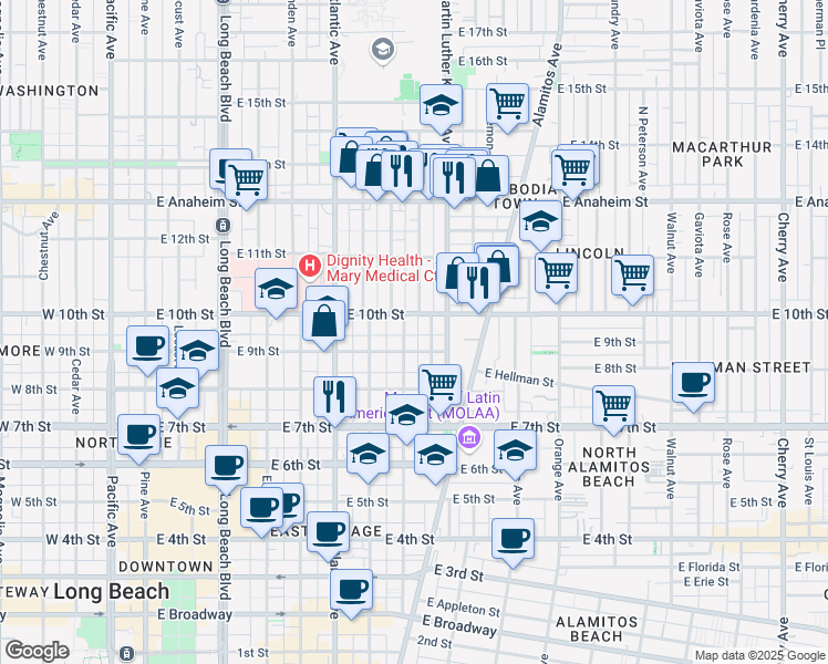 map of restaurants, bars, coffee shops, grocery stores, and more near 940 Olive Avenue in Long Beach