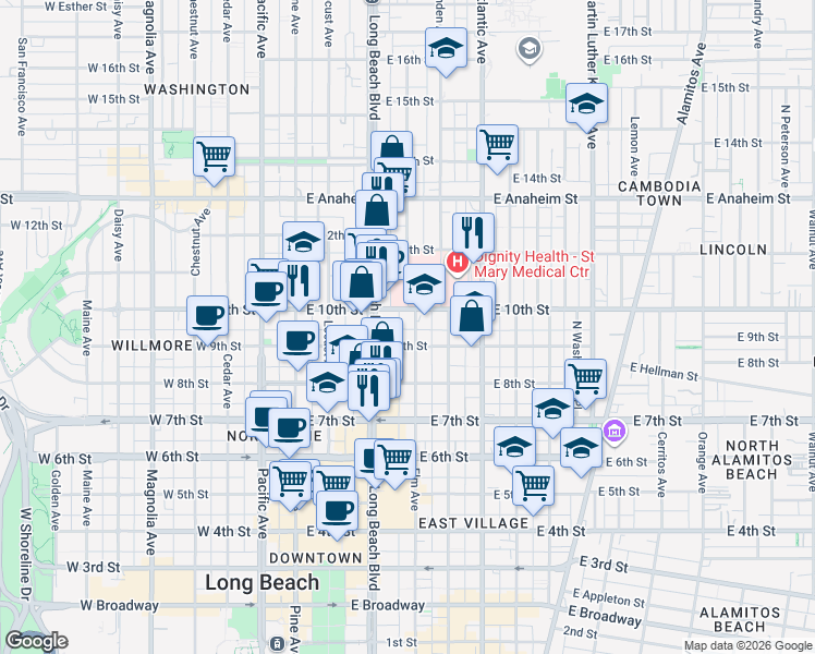 map of restaurants, bars, coffee shops, grocery stores, and more near 935 Elm Avenue in Long Beach