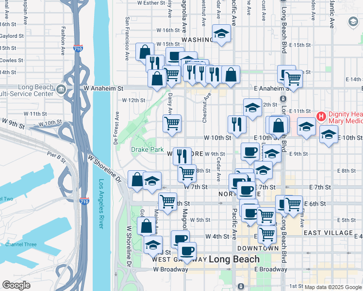 map of restaurants, bars, coffee shops, grocery stores, and more near in Long Beach