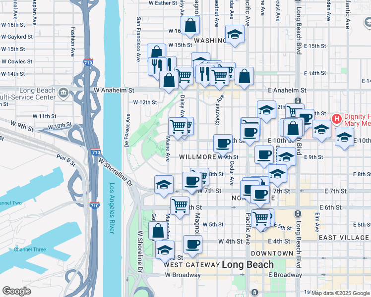map of restaurants, bars, coffee shops, grocery stores, and more near in Long Beach