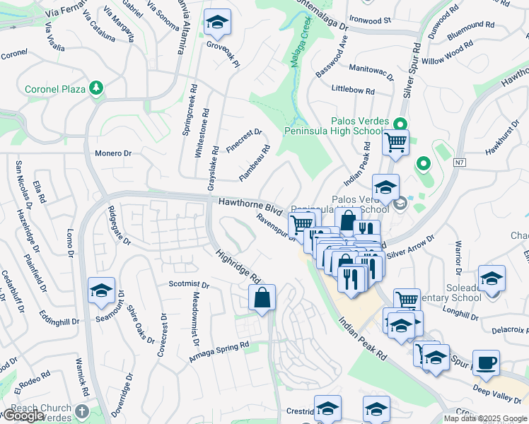 map of restaurants, bars, coffee shops, grocery stores, and more near 5757 Ravenspur Drive in Rancho Palos Verdes