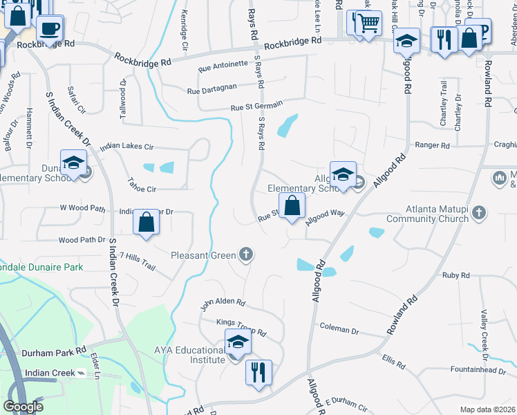 map of restaurants, bars, coffee shops, grocery stores, and more near 4209 Saint Marie Court in Stone Mountain