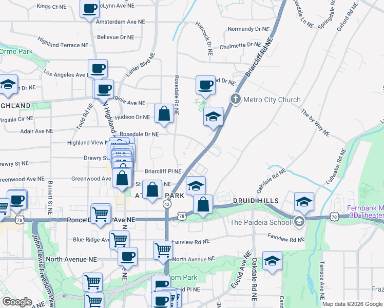 map of restaurants, bars, coffee shops, grocery stores, and more near 872 Briarcliff Road Northeast in Atlanta