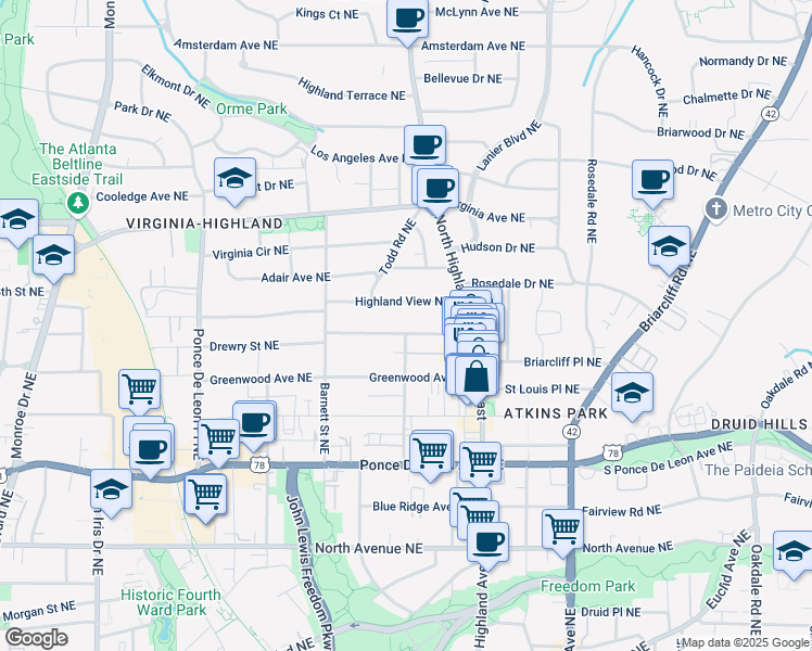 map of restaurants, bars, coffee shops, grocery stores, and more near 970 Drewry Street Northeast in Atlanta
