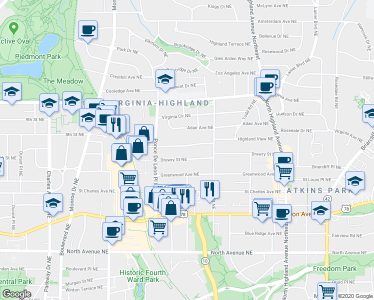 map of restaurants, bars, coffee shops, grocery stores, and more near 805 Ponce De Leon Terrace Northeast in Atlanta