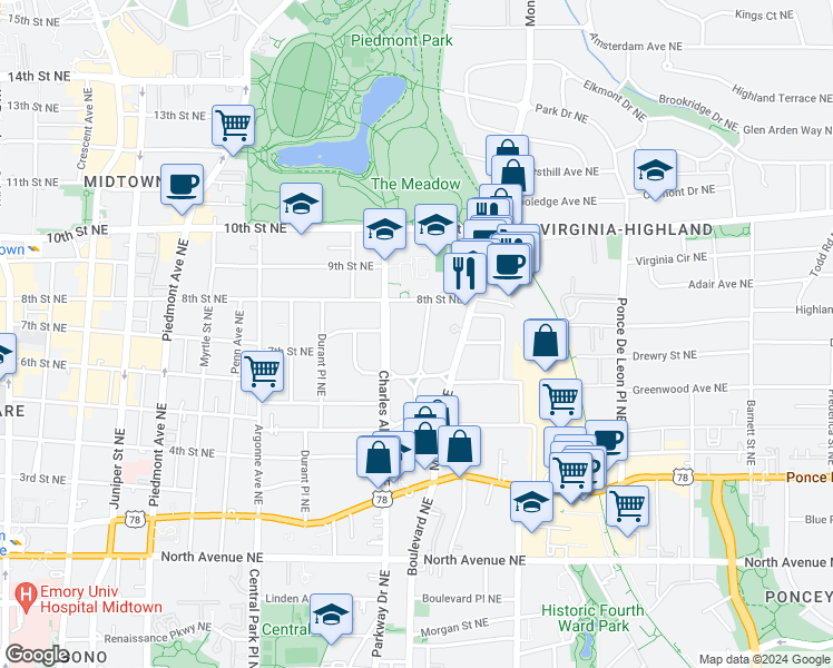 map of restaurants, bars, coffee shops, grocery stores, and more near 873 Charles Allen Drive Northeast in Atlanta
