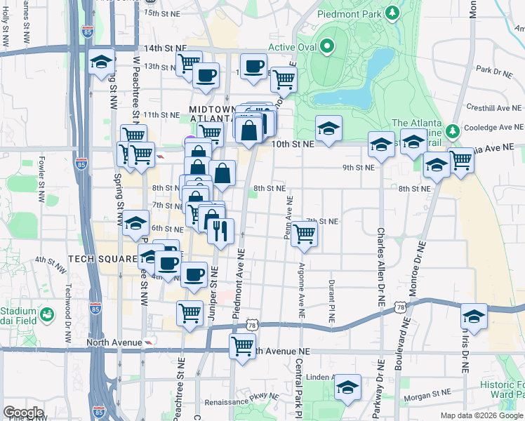 map of restaurants, bars, coffee shops, grocery stores, and more near 868 Myrtle Street Northeast in Atlanta