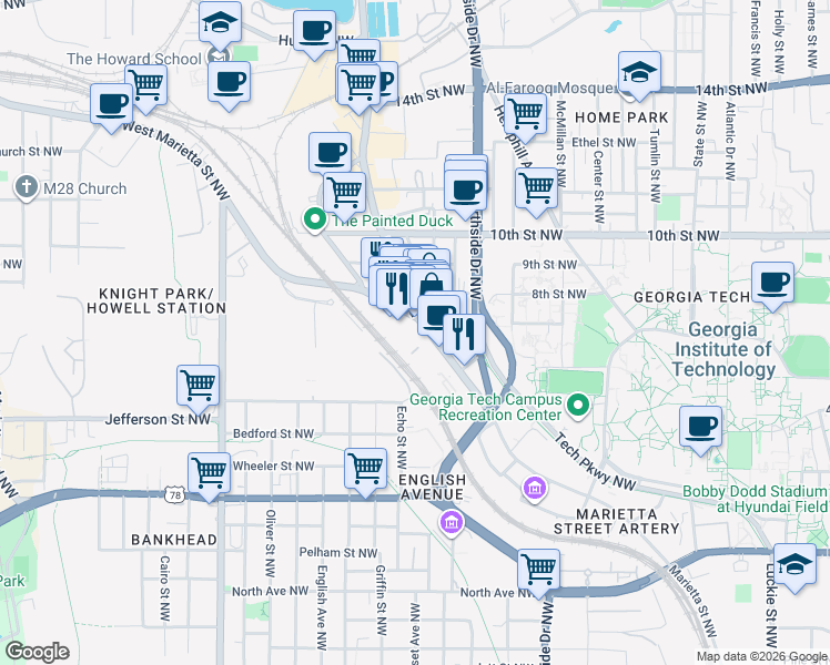 map of restaurants, bars, coffee shops, grocery stores, and more near 969 Marietta Street NorthWest in Atlanta