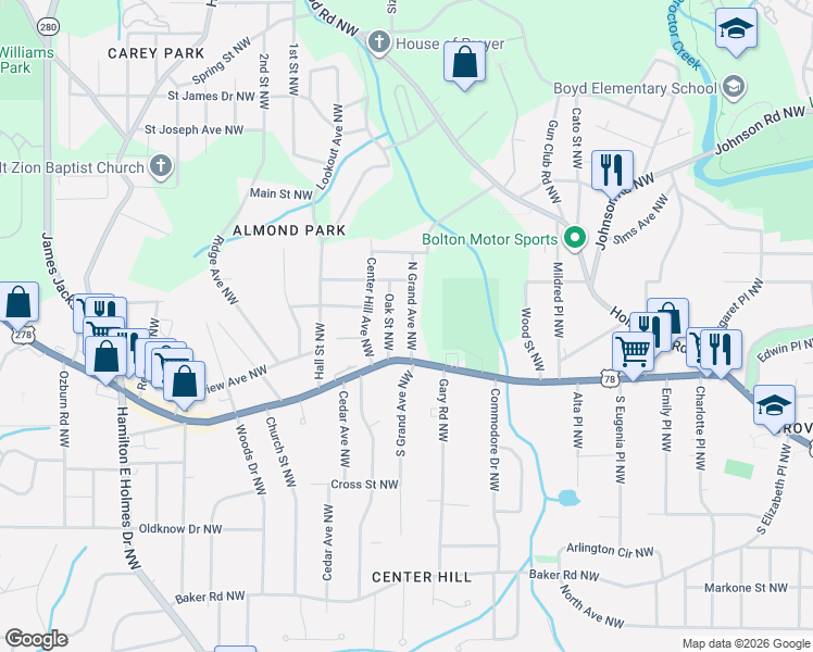 map of restaurants, bars, coffee shops, grocery stores, and more near 855 North Grand Avenue Northwest in Atlanta