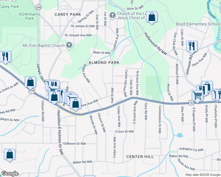map of restaurants, bars, coffee shops, grocery stores, and more near 858 Hall Street Northwest in Atlanta