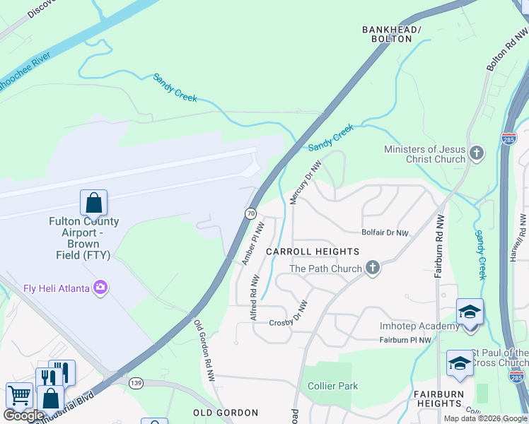 map of restaurants, bars, coffee shops, grocery stores, and more near 3743 Amber Road Northwest in Atlanta