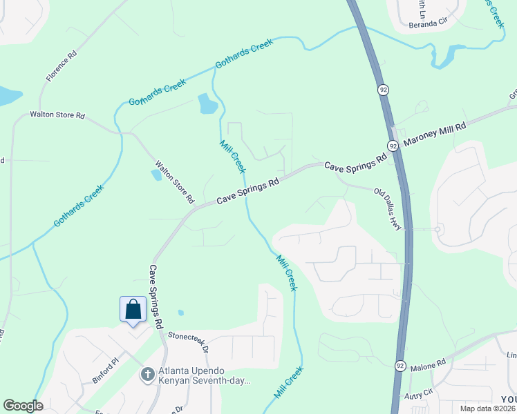 map of restaurants, bars, coffee shops, grocery stores, and more near 6947 Cave Springs Road in Douglasville