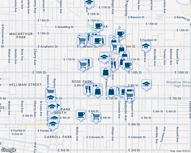 map of restaurants, bars, coffee shops, grocery stores, and more near 912 Gladys Avenue in Long Beach