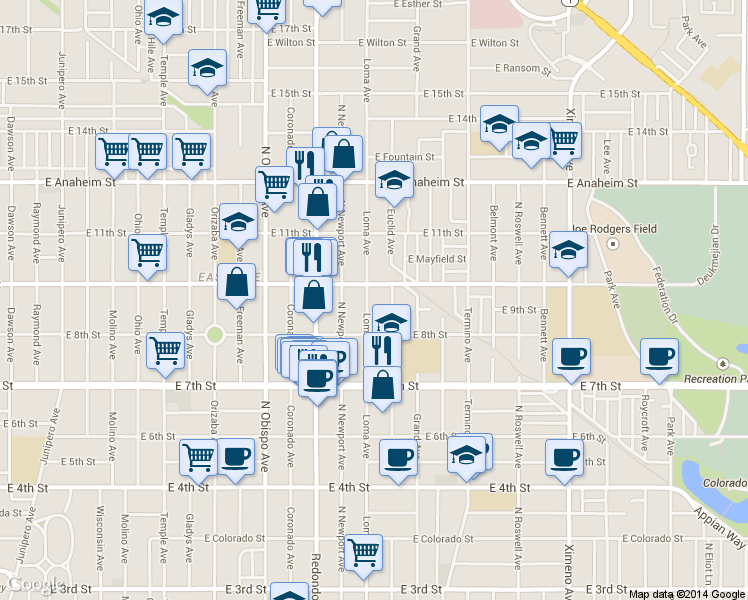 map of restaurants, bars, coffee shops, grocery stores, and more near 920 Loma Avenue in Long Beach