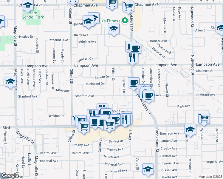 map of restaurants, bars, coffee shops, grocery stores, and more near 12691 Edieth Drive in Garden Grove