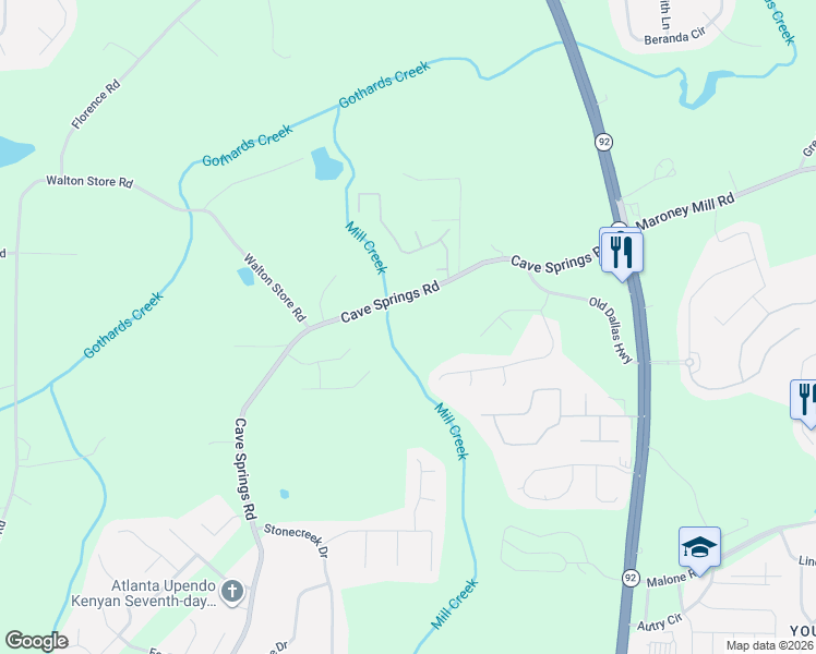 map of restaurants, bars, coffee shops, grocery stores, and more near 6947 Cave Springs Road in Douglasville