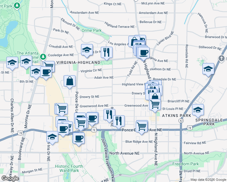 map of restaurants, bars, coffee shops, grocery stores, and more near 880 Drewry Street Northeast in Atlanta