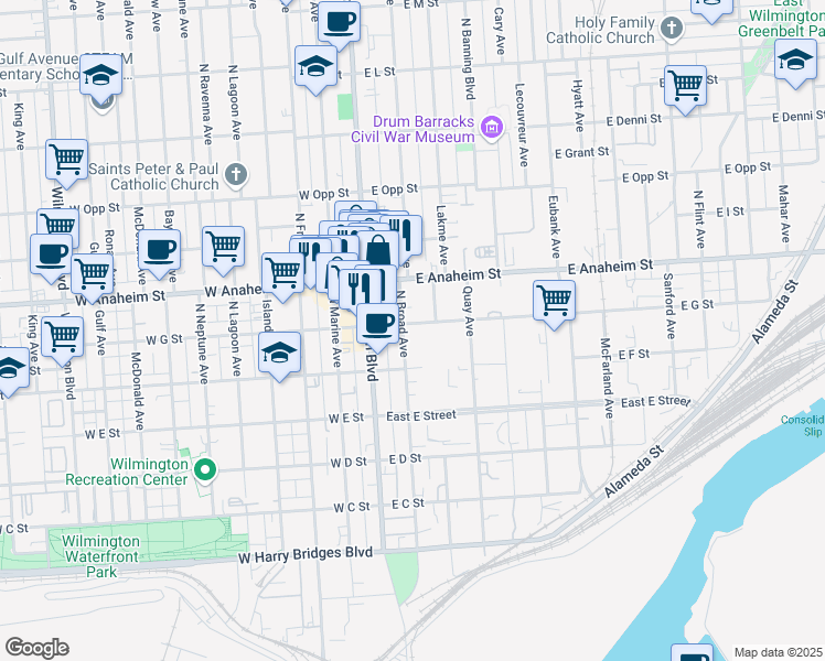 map of restaurants, bars, coffee shops, grocery stores, and more near 222 East G Street in Los Angeles