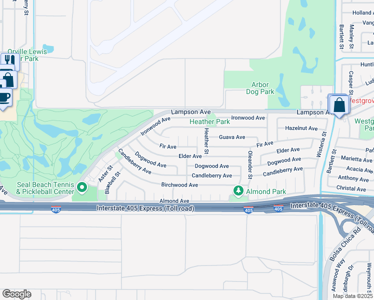map of restaurants, bars, coffee shops, grocery stores, and more near 4400 Fir Avenue in Seal Beach