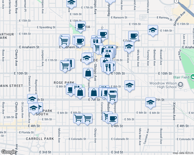 map of restaurants, bars, coffee shops, grocery stores, and more near 916 Obispo Avenue in Long Beach