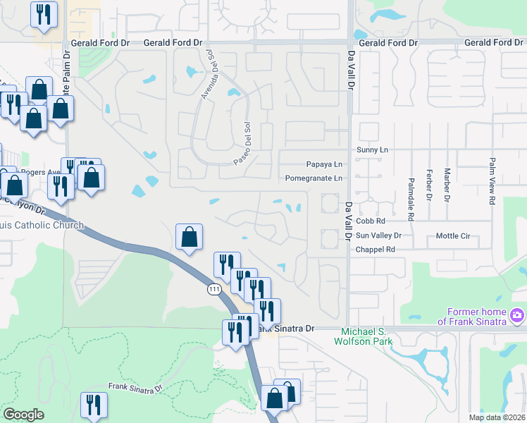 map of restaurants, bars, coffee shops, grocery stores, and more near 427 Calle Madrigal in Cathedral City