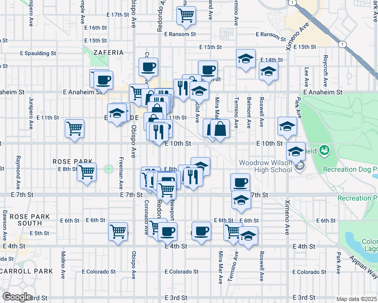 map of restaurants, bars, coffee shops, grocery stores, and more near 920 Loma Avenue in Long Beach