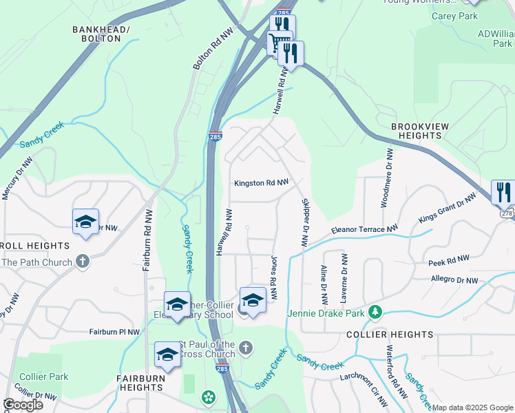 map of restaurants, bars, coffee shops, grocery stores, and more near 3230 Jamaica Road Northwest in Atlanta