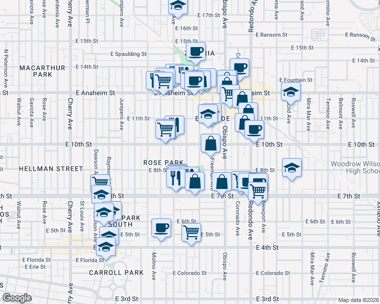 map of restaurants, bars, coffee shops, grocery stores, and more near 912 Gladys Avenue in Long Beach