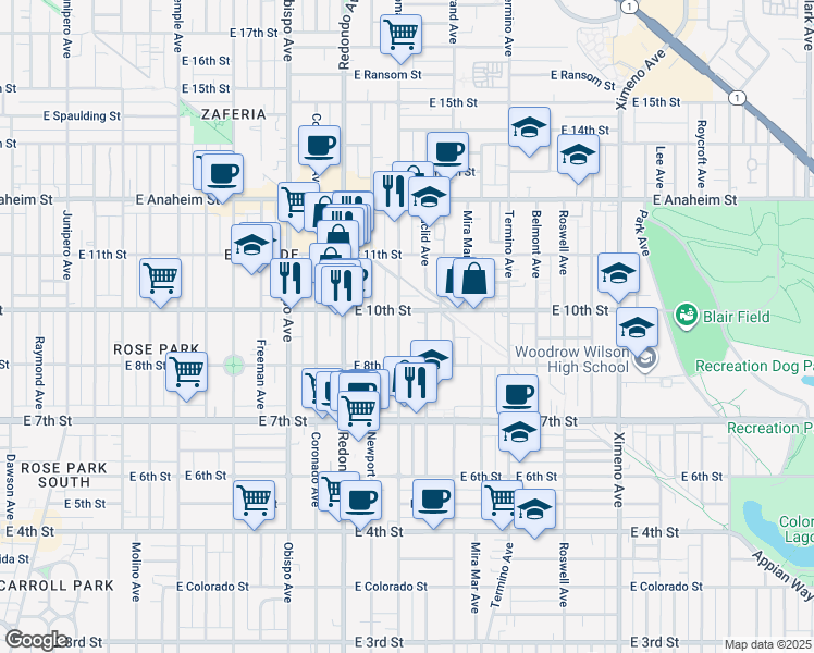 map of restaurants, bars, coffee shops, grocery stores, and more near 925 Loma Avenue in Long Beach