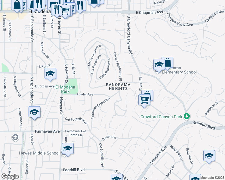 map of restaurants, bars, coffee shops, grocery stores, and more near 12226 Circula Panorama Place in Santa Ana