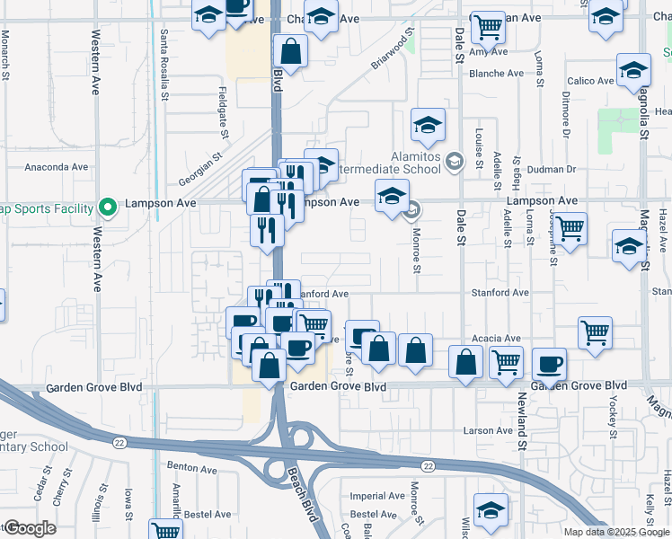 map of restaurants, bars, coffee shops, grocery stores, and more near 8111 Stanford Avenue in Garden Grove