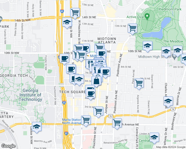 map of restaurants, bars, coffee shops, grocery stores, and more near 860 Peachtree Street Northeast in Atlanta