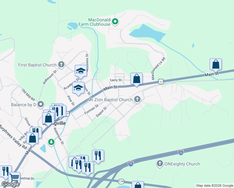 map of restaurants, bars, coffee shops, grocery stores, and more near 54 Bruce Street in Springville