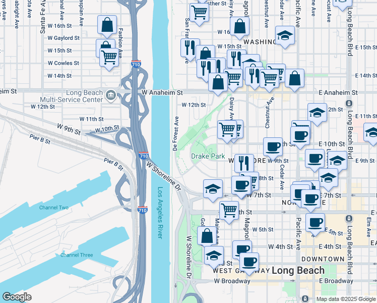 map of restaurants, bars, coffee shops, grocery stores, and more near 952 North Loma Vista Drive in Long Beach