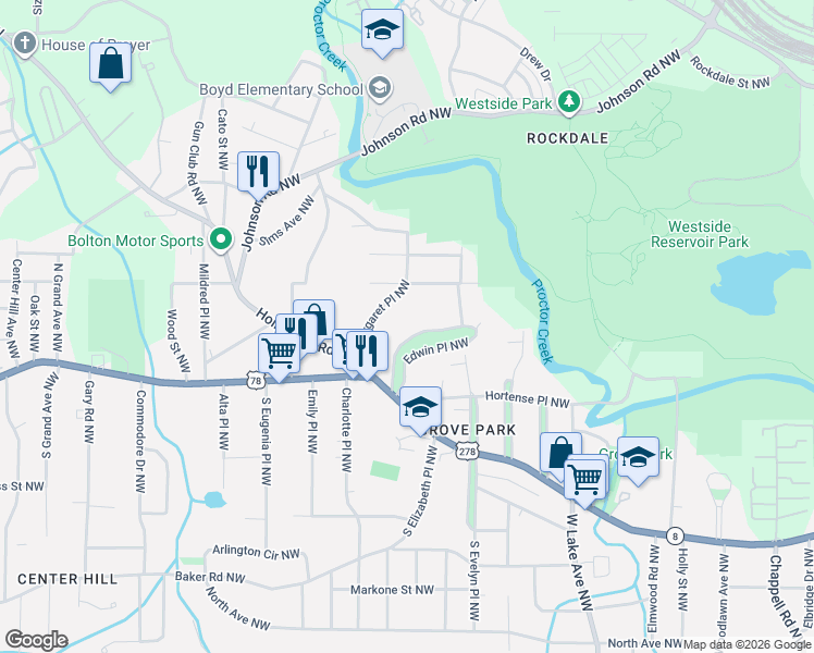 map of restaurants, bars, coffee shops, grocery stores, and more near 20 Edwin Place Northwest in Atlanta