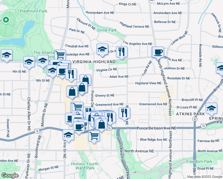 map of restaurants, bars, coffee shops, grocery stores, and more near 805 Ponce De Leon Terrace Northeast in Atlanta