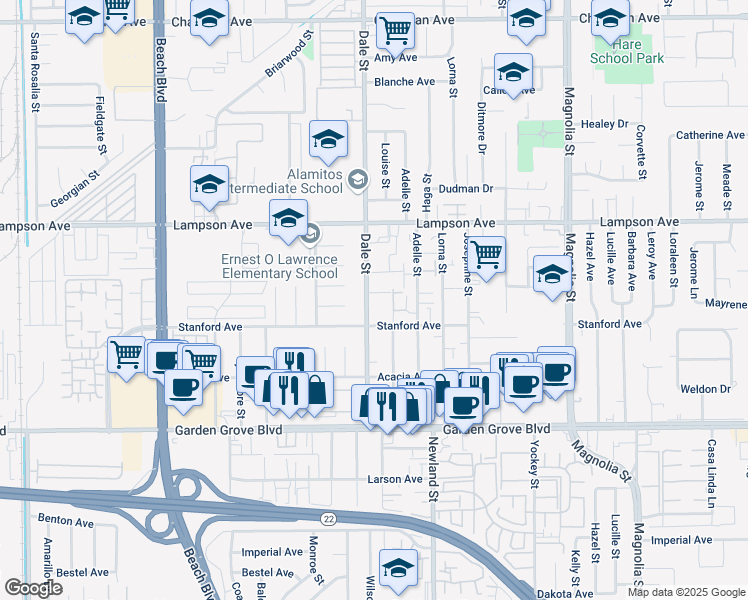 map of restaurants, bars, coffee shops, grocery stores, and more near 12676 Dale Street in Garden Grove