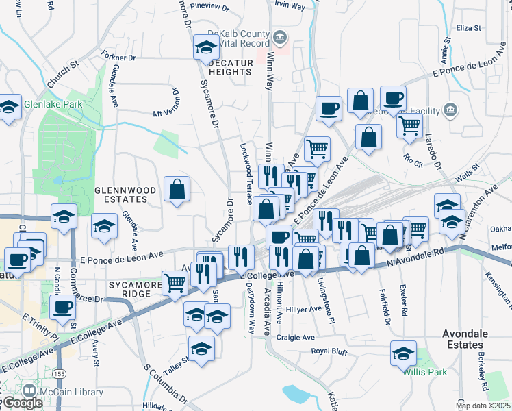 map of restaurants, bars, coffee shops, grocery stores, and more near 123 Lockwood Terrace in Decatur